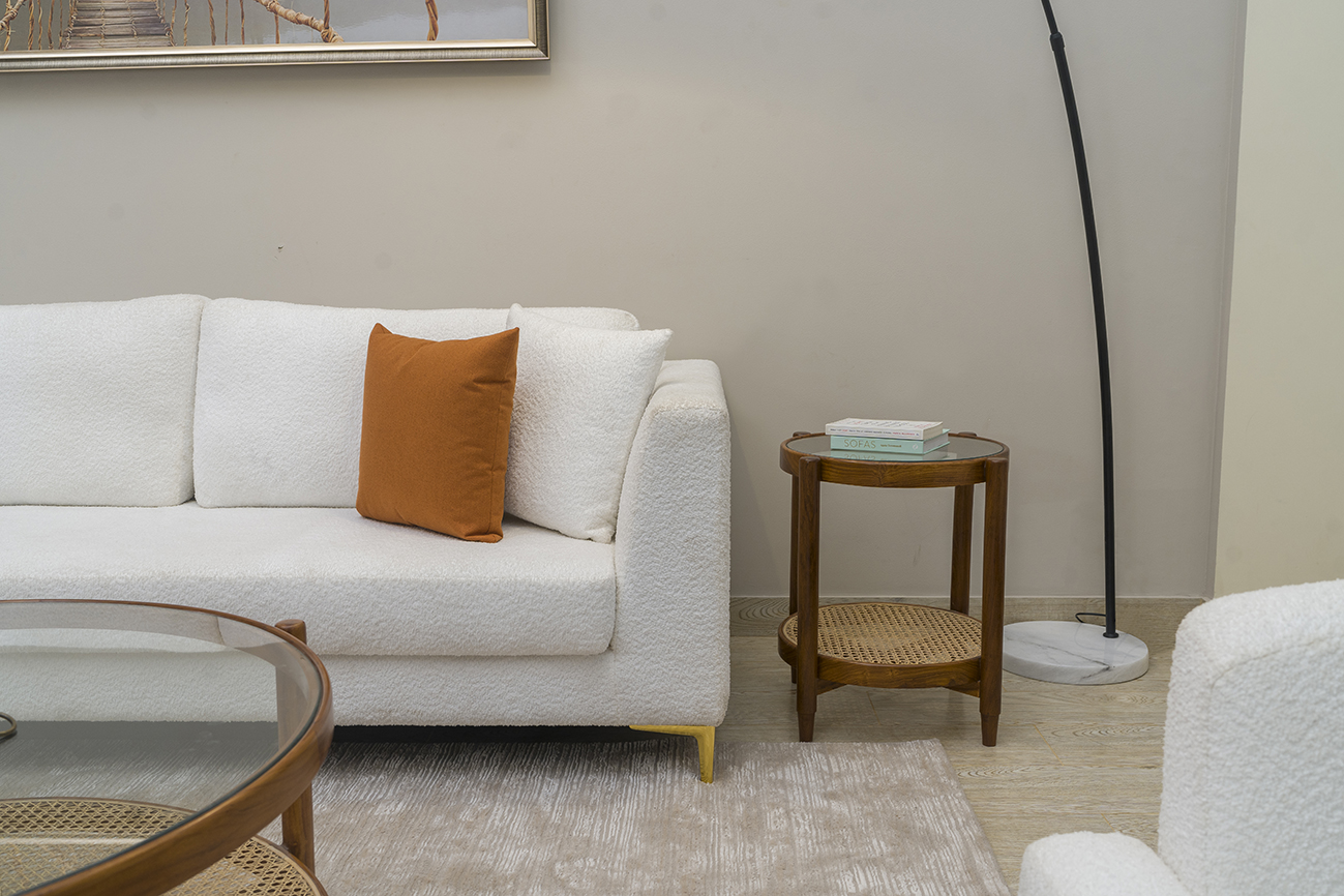 Cozy living room with white sofa, wooden coffee table, and stylish decor